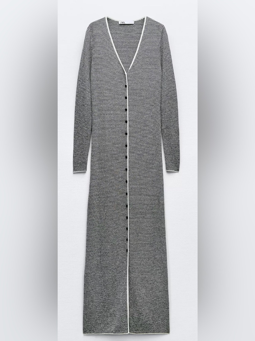 Zara Black and White Striped Long-Sleeve Button-Front Maxi Dress